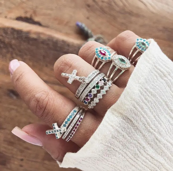 

10 Pcs/set Bohemian Retro Colorful Crystal Cross Pendant Geometry Ring Set Women Luxury Jewelry Engraved Silver Wedding Ring
