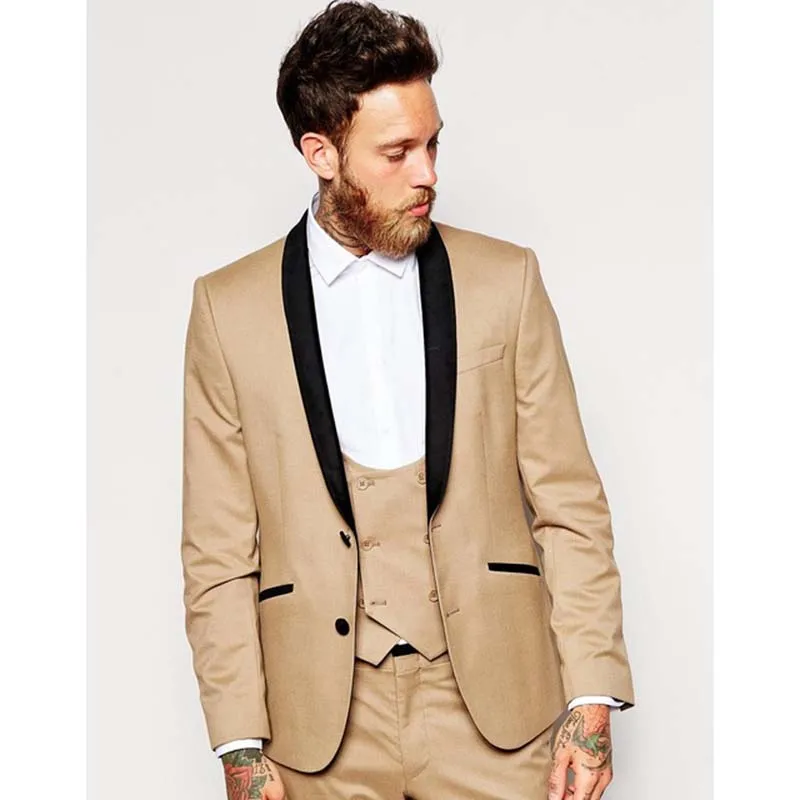 

2017 Khaki Groom Tuxedos Italian Style Black Lapel Mens Wedding Prom Suits 3 Piece Groomsman Wear men suit (Jacket+Pants+Vest)