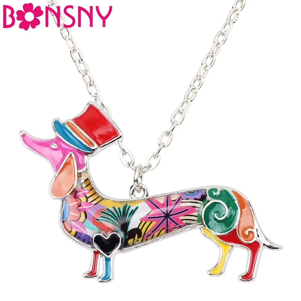 

Bonsny Statement Metal Enamel Hat Dachshund Dog Necklace Choker Chain Collar Pendant Elegant Animal Jewelry For Women Girls Bulk