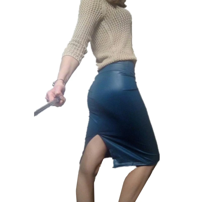 CHSDCSI Pencil Skirts Women PU Leather Skirt Solid Color High Waist Slim Hip Vintage Long Open Slit Clubwear Bodycon Sexy Skirt