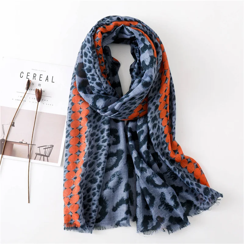 

women blue leopard scarf female autumn spring Spain style vintage chic long blue print neck scarf echarpe femme hiver