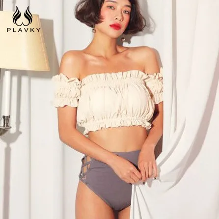 

Sexy Bikini 2019 Lady Pleat Puff Sleeve Off Shoulder High Waist Swimwear Women Swimsuit Female Swim Bathing Suit Biquini Bathers