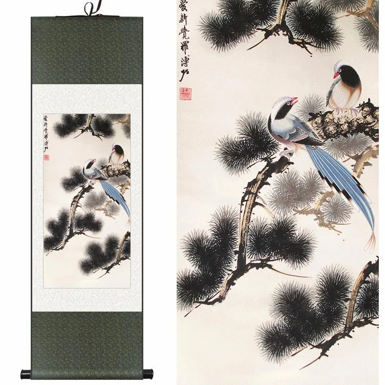 

Chinese Silk watercolor flower and birds Pine blue Two Birds ink art feng shui canvas wall picture damask framed scroll painting