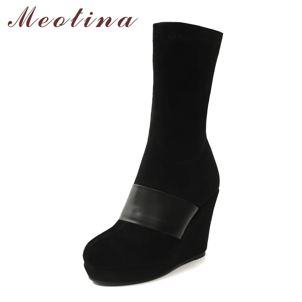 Meotina/сапоги из натуральной кожи; зимняя обувь; женские сапоги до середины икры; замшевые сапоги на платформе; обувь на высоком каблуке; сезон осень