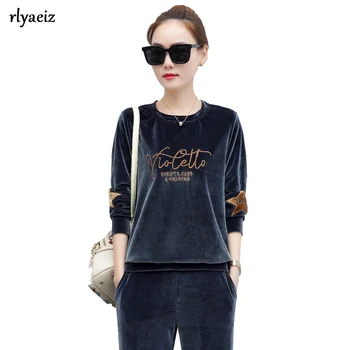 

Rlyaeiz 2018 Spring Autumn 2 Piece Set Women Sporting Suit Casual Gold Velvet Letter Embroidery Hoodies + Pants Female Tracksuit
