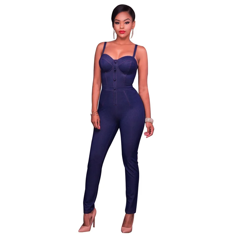 2017 летние женские джинсовые комбинезон сексуальная Bodycon жгут рукав сплошной цвет