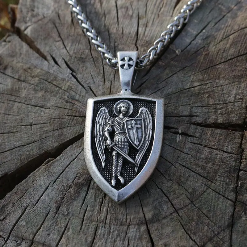 

lanseis 1pcs men necklace Archangel St.Michael Protect us Saint Shield Protection Charm russian orhodox pendant necklace