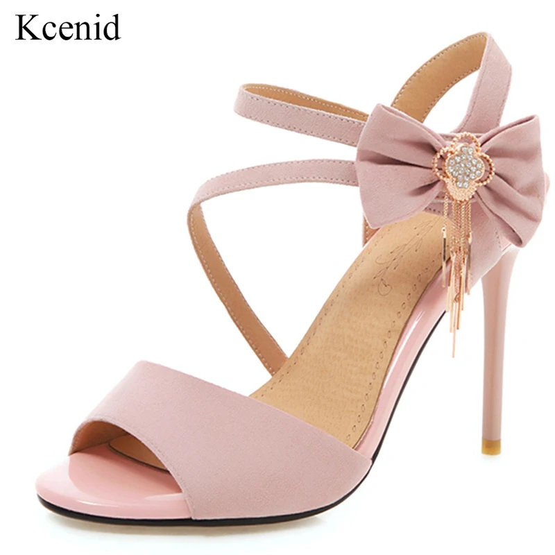 

Kcenid Flock pink shoes woman summer fashion bowtie sexy peep toe super high heels women sandals party wedding shoes large size