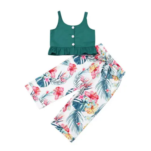 

US Toddler Baby Girl Kid T-shirt Vest Top + Wide Leg Pants Outfit Clothes Set