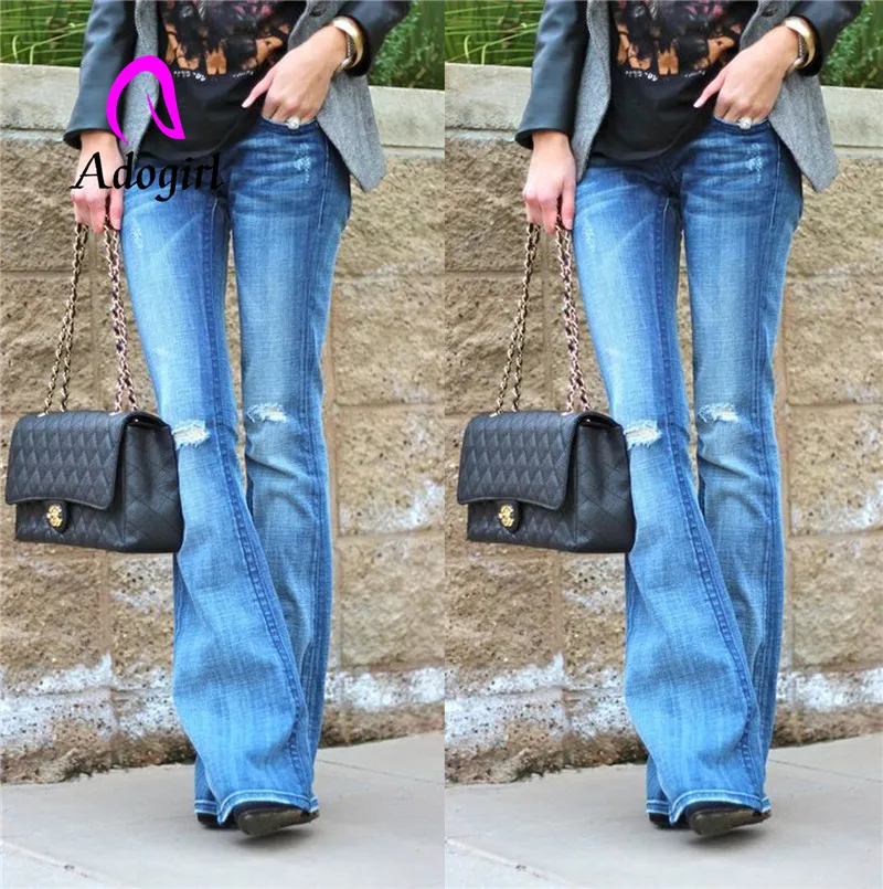 

Adogirl knee ripped women long boot cut pants low waist bleached street wear high elastic denim trousers soft full length bottom