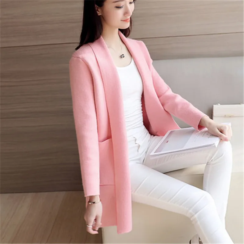 Весна, корейский Свободный длинный вязаный кардиган с карманами, женский свитер с длинными рукавами, один размер, вязанная куртка W28 - Цвет: pink