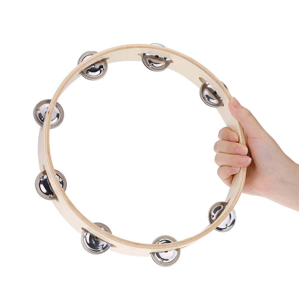 

ammoon 10" Hand Held Tambourine Bell Wood Headless with Metal Single Row Jingles Musical Percussion Instrument for Party Games
