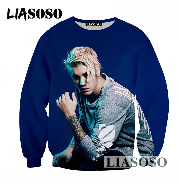 LIASOSO Hot Sale Men Women Loose Long Sleeves Sweatshirt 3D Print Singer Justin Bieber Pullovers Tracksuit Newest Clothing T746