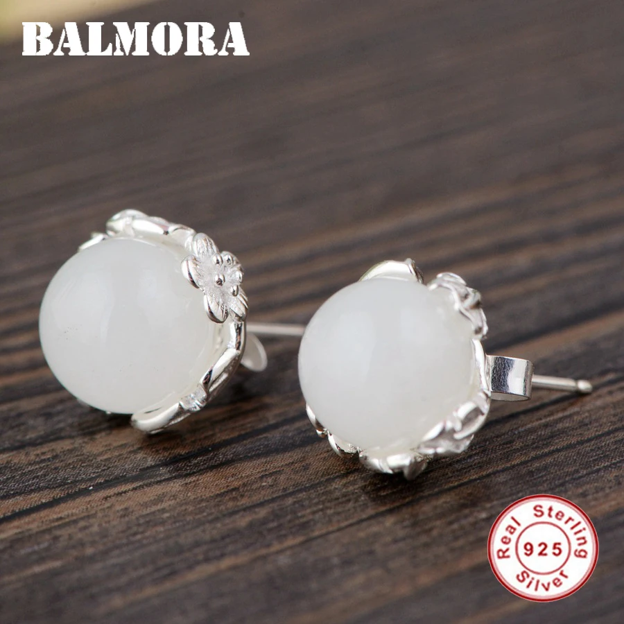 

BALMORA 925 Sterling Silver White Chalcedony Flower Stud Earrings for Women Lady Gift Cute Elegant Earrings Jewelry TRS31004