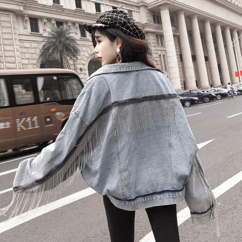 

Loose BF Style Womens Denim Jacket Fashion Tassel Design Basic Coats 2019 New Arrival Bat Sleeve Harajuku Spring Jean Jacket