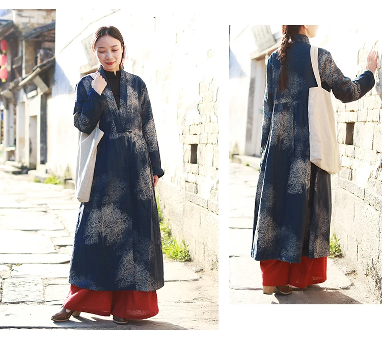 LZJN Autumn Women Trenchcoat Long Jacket Cotton Linen Duster Coat Vintage Chinese Windbreaker High Waist Ethnic Cardigan