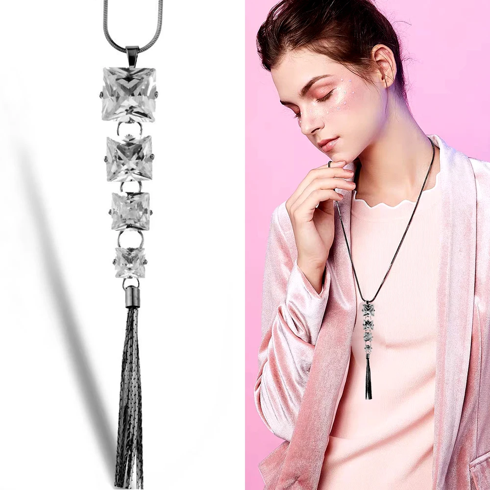 

SINLEERY Vintage Clear Square Cubic Zirconia Tassel Long Necklace Pendants Black Snake Chain For Women Accessories My329 SSI