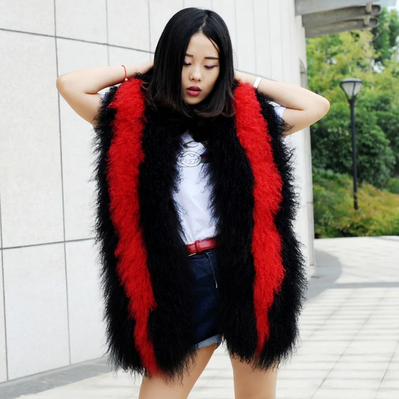 

XZWDSI CX-S-178D Women Red Black Color Real Mongolian Lamb Fur Boa Fluffy Thick Genuine Fur Scarf For Women