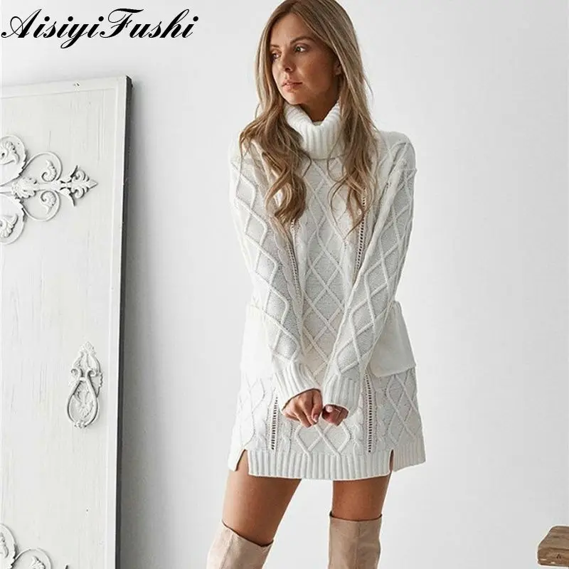 Women's White Turtleneck Sweater Hollow Out Coarse Cable Knit Oversized Sweater Dress Winter Women Warm Baggy Sweater Female Women's White Turtleneck Sweater Hollow Out Coarse Cable Knit Oversized Sweater Dress Winter Women Warm Baggy Sweater Female