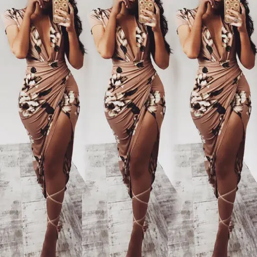 

Summer Women's Casual Bodycon Short Sleeve Boho Slit Dress Floral Print Deep V Frill Slim Sexy Ladies Beach Dress