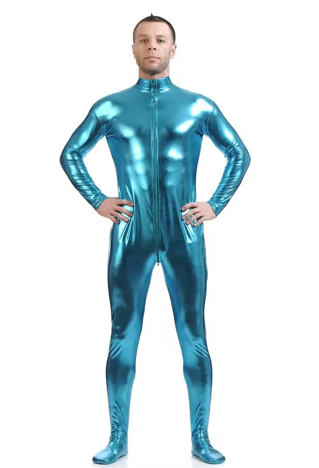 Cosplay&ware Ensnovo Men Latex Suit Black Shiny Metallic Tights Gold Zentai Full Body Unitard Custom Skin Bodysuit Zipper Front -Zentai shop online