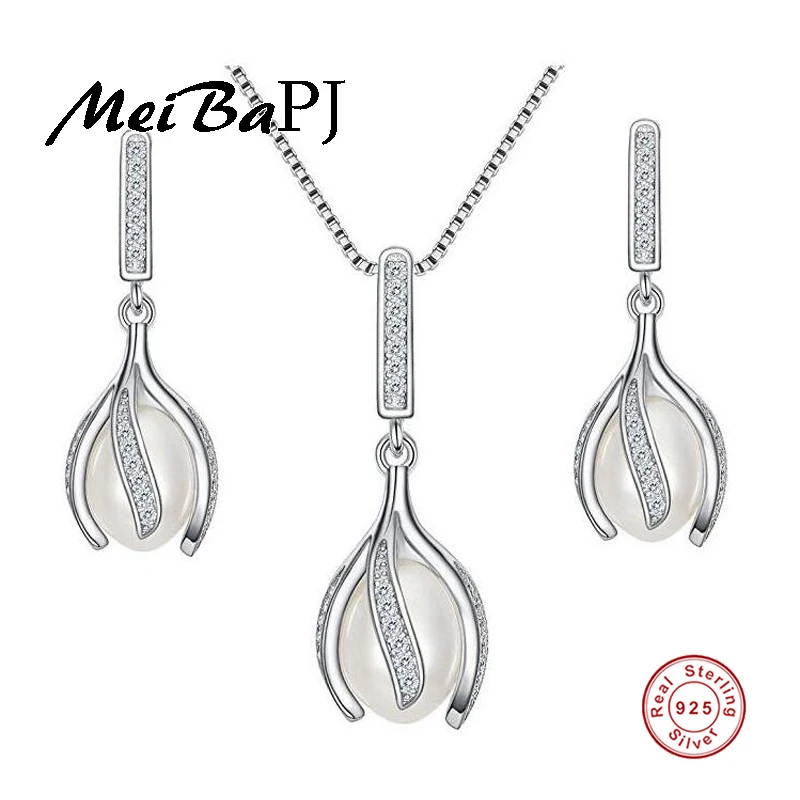 

[MeiBaPJ]New specials natural pearl jewelry sets real 925 solid silver flower pendant & earrings charm jewelry set gift box