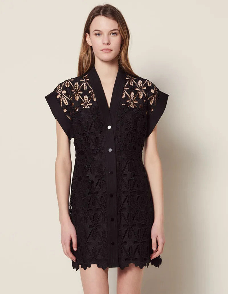 

2019 New Women Black Dress Lace Hollow Out V Neck Slim Mini Dress