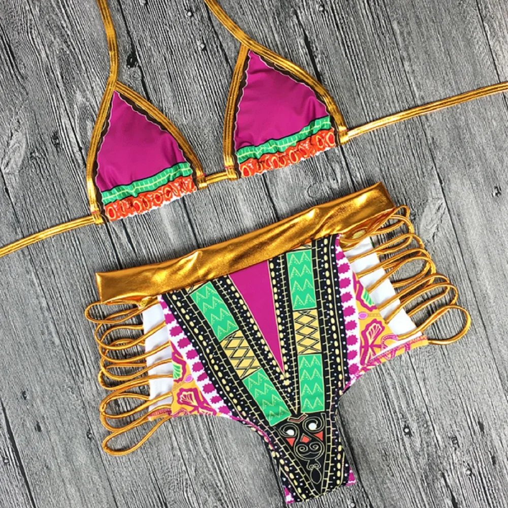 South African Golden Halter High Waist Two Pieces Bikini Set