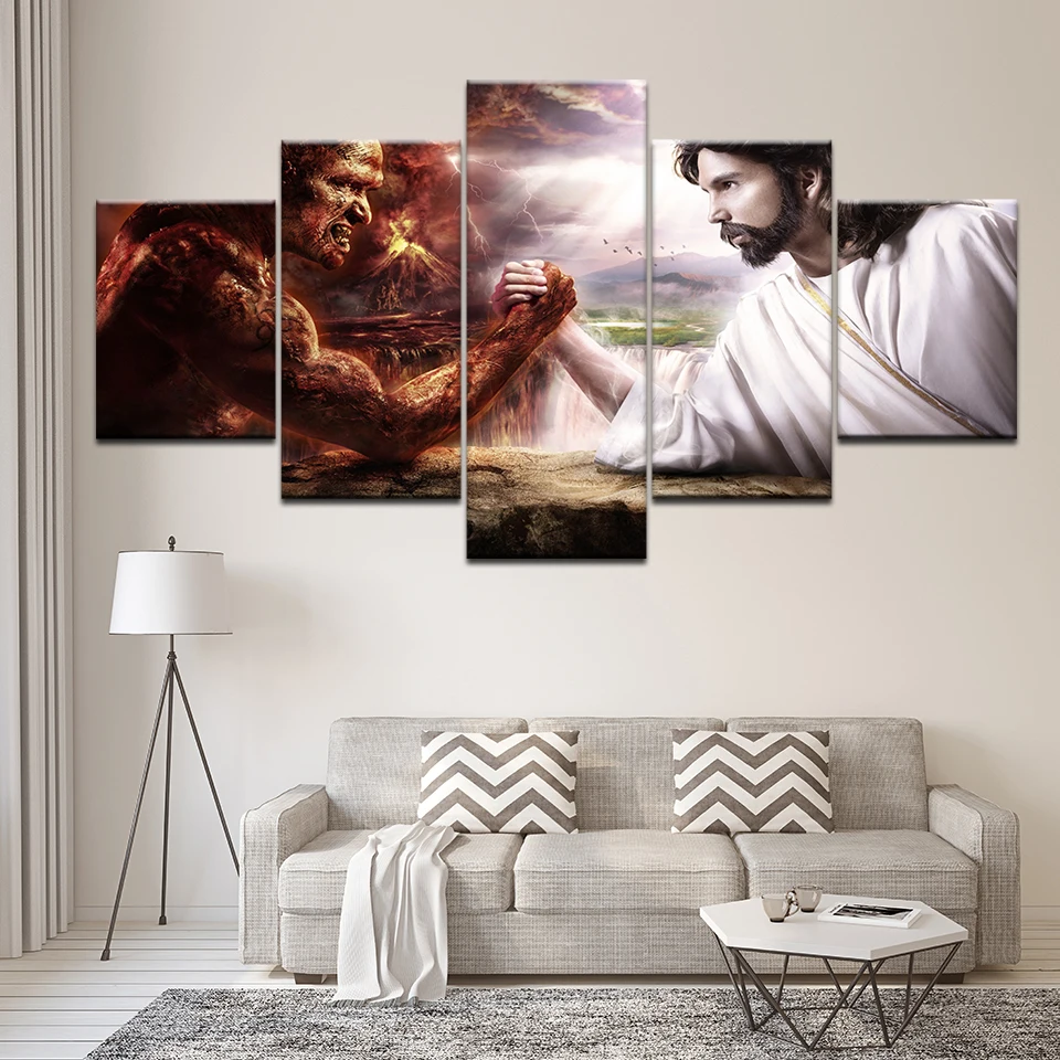 HD print 5 pcs canvas wall art jesus vs satan painting home decor for living room picture artwork | Дом и сад