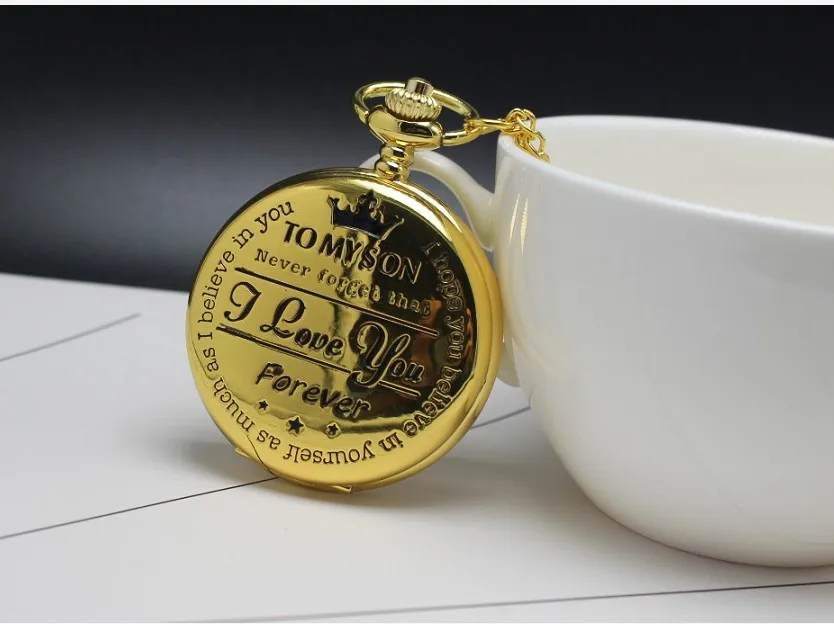 

Quartz Pocket Watches Mens To My Son I Love You Golden Clock For Kids Child Pocket Watch Necklace Chain Children's Day Gifts