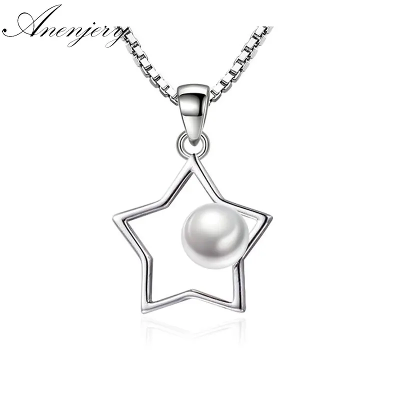 

Anenjery 925 Sterling Silver Hollow Five-pointed Star Imitation Pearl Pendant Neckace For Women Gift Match 45cm Box Chain S-N123