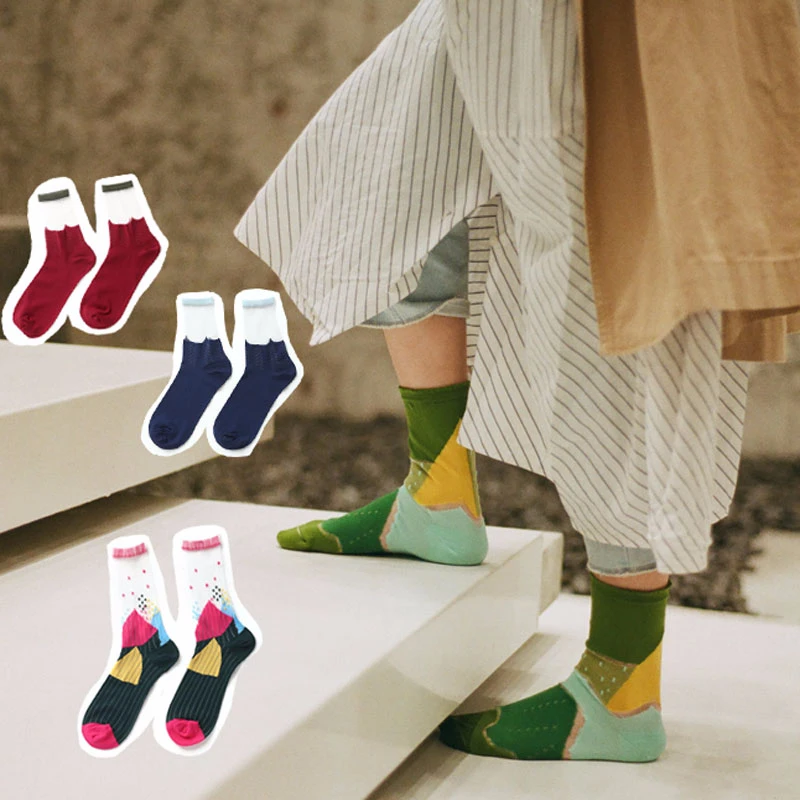 

SP&CITY 5pairs Colored Patchwork Patterned Woman Summer Socks Vintage Harajuku Cool Net Socks Thin Hollow Out Hipster Socks