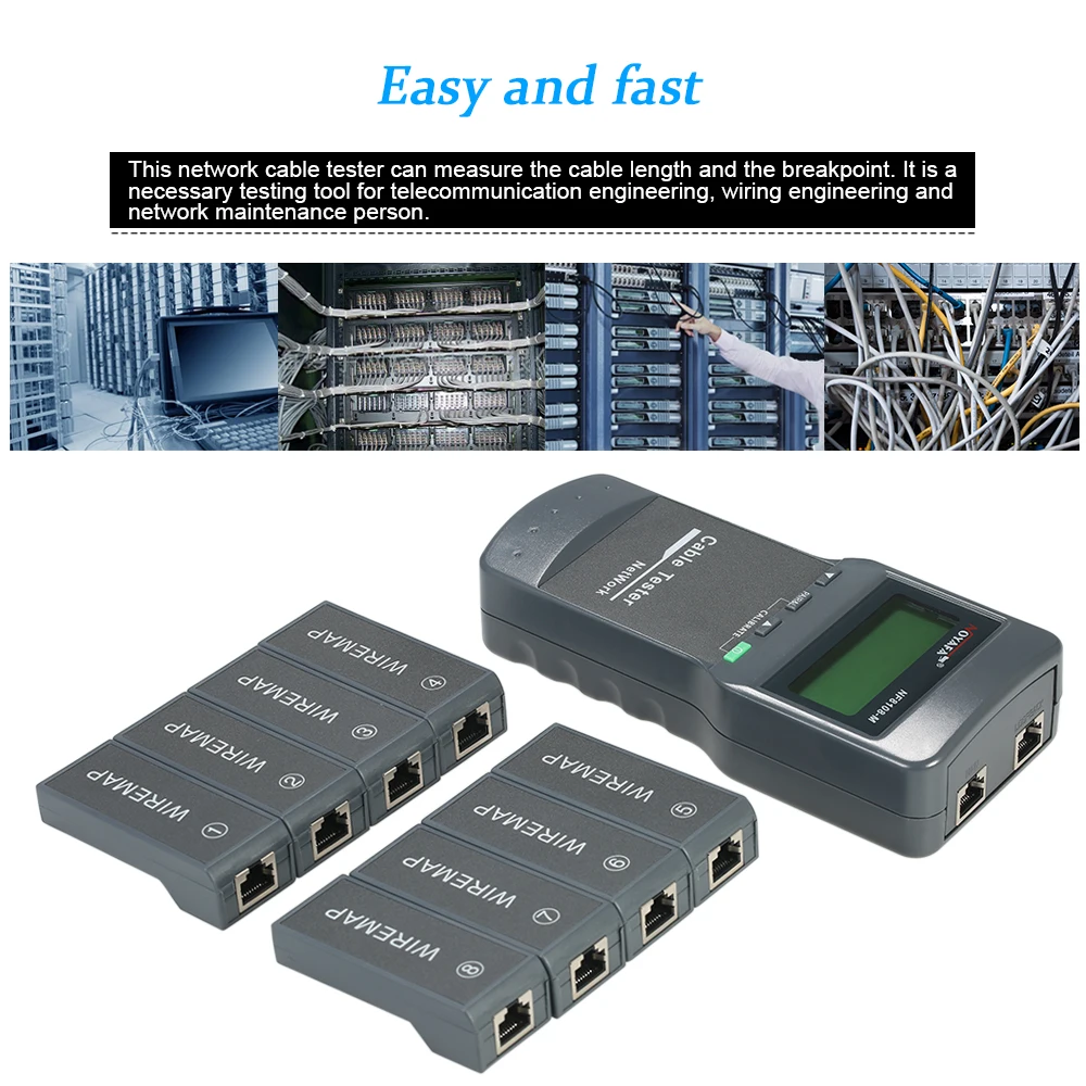 

A Multi-functional LCD Network Cable Tester RJ45 cable tracker network tool mini wire tracker line Finder with 8 Remote Adapters