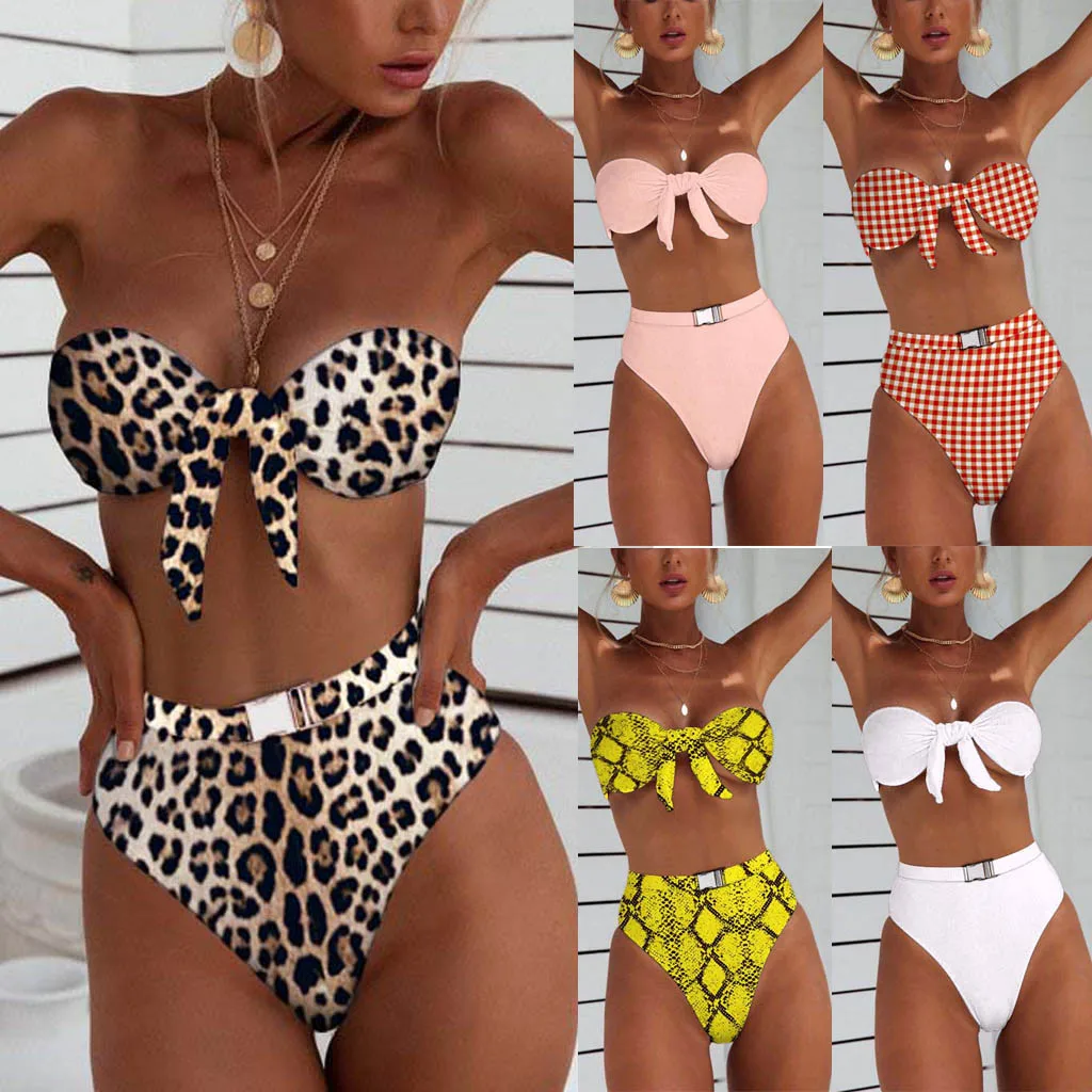

Strapless 2019 Sexy Women Buckle Bow Knot Bikini Set Push-Up Padded Swimwear Leopard Print Swimsuit Beachwear Set Femme#sw