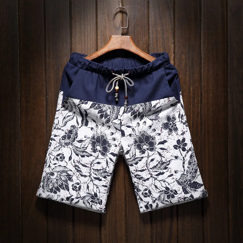 

Mr.nut Xia Xin cotton and linen floral stitching refreshing men's shorts tide print fashion casual shorts