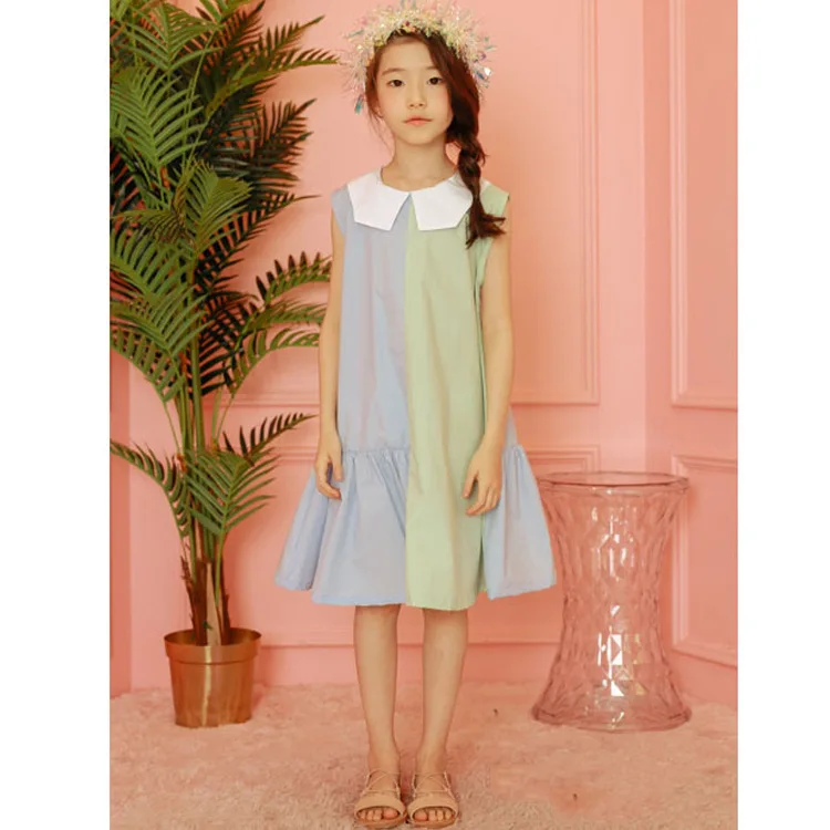 Новые детские платья для девочек, два цвета, Лоскутное детское летнее платье, хлопок, платье принцессы для малышей, сарафан для малышей,#5070 - Цвет: blue and green