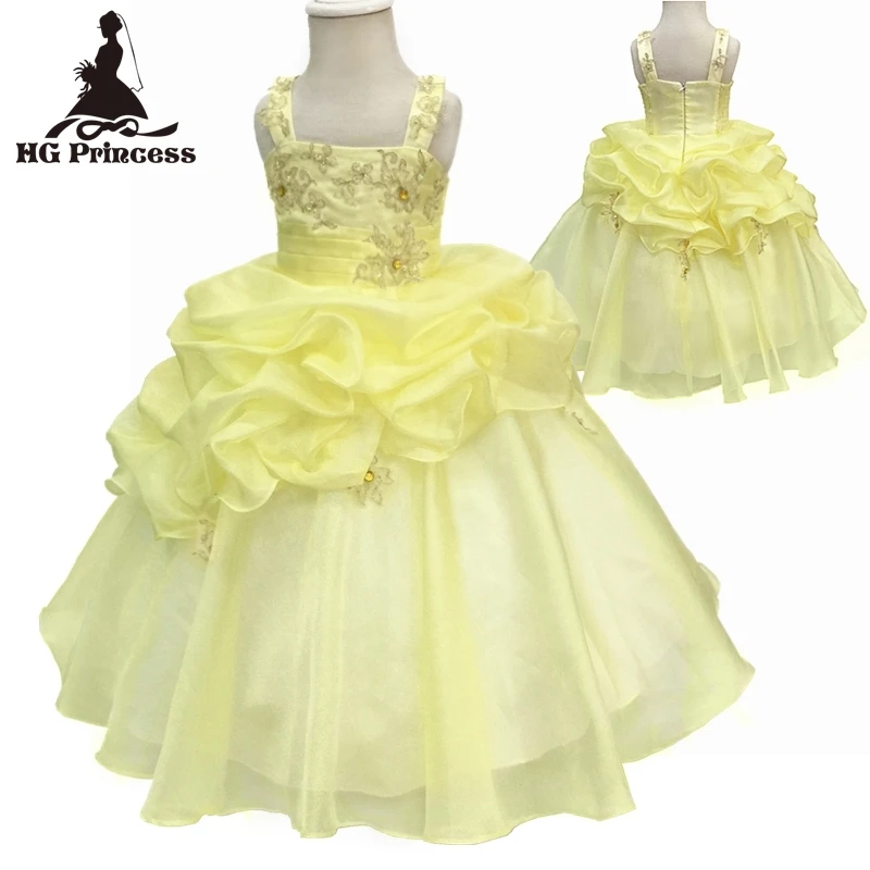 

Hot Sales 4-12 Years Child Party Dress 2018 New Design Yellow Flower Girl Dresses For Weddings Lace Appliques Kids Evening Gowns
