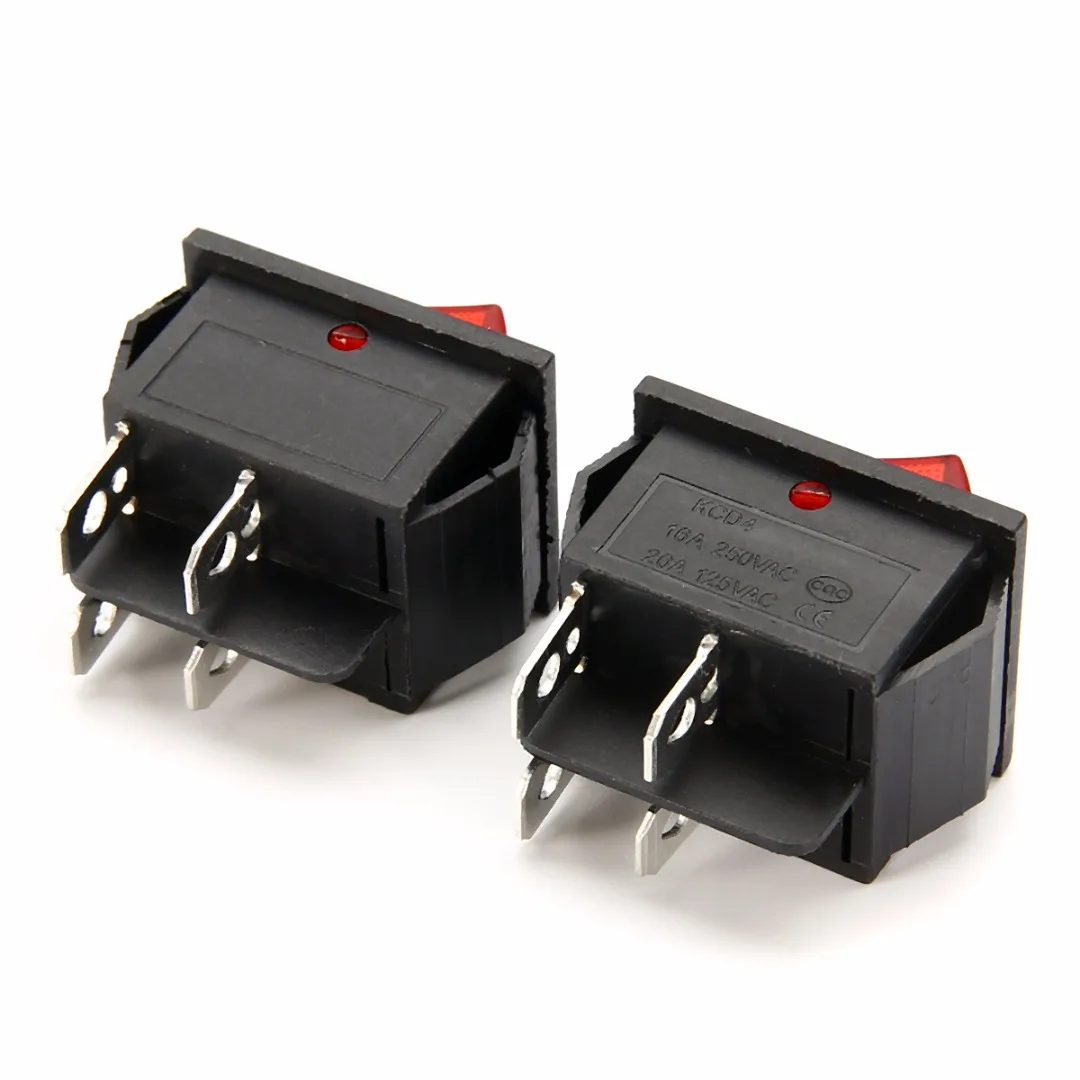5Pcs Rocker Switch ON/OFF 2 Position 16A/250V KCD4-201 Red Lamp Light Rocker Switch with 4 Pin For Electrical Equipment