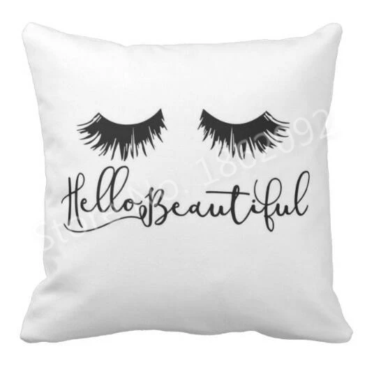 

New Novelty Eyelash Hello Beautiful Throw Pillow Case Cushion Cover White Eyelash Lash Design Home Chair Decoration Soft Square