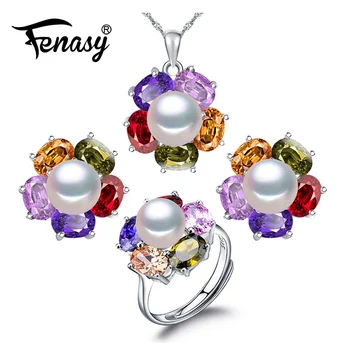 

FENASY Trendy Ruby 925 Sterling Silver Pearl Jewelry setsnatural Stud Earrings For Women Chain Pendant Necklace Engagement Ring