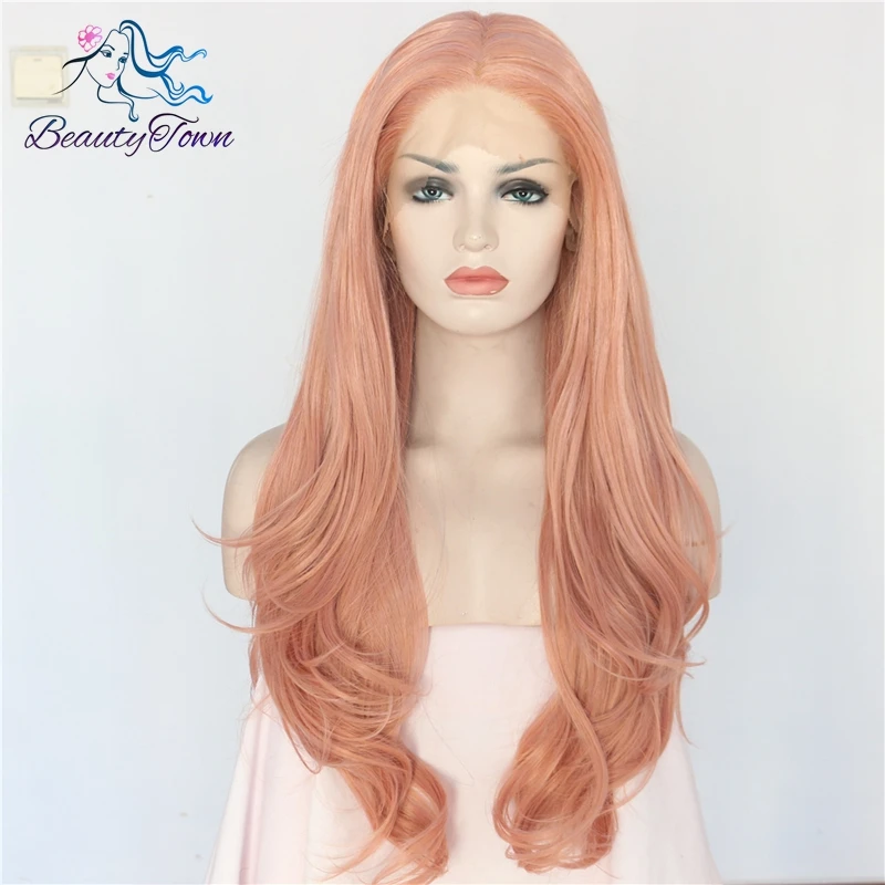 

BeautyTown High Temperature Hair Peach Pink Color Wavy Style Glueless Heat Resistant Daily Makeup Synthetic Soft Lace Front Wigs
