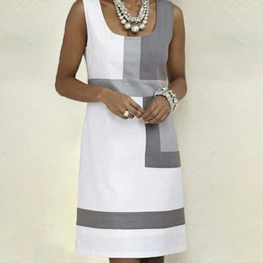 Женское платье с геометрическим принтом, короткое платье без рукавов с квадратным вырезом, офисное летнее платье для женщин# YJ