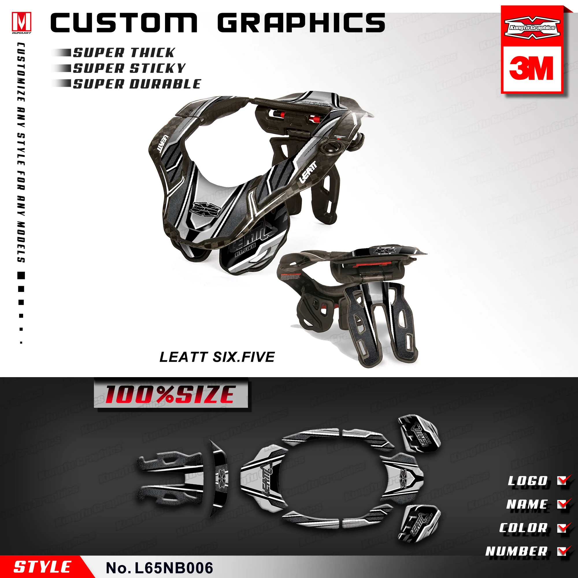 

KUNGFU GRAPHICS Enduro Decals Motocross Racing Stickers for Neck Brace Leatt GPX 6.5 Grey Black S/M L/XL (Style no. L65NB006)
