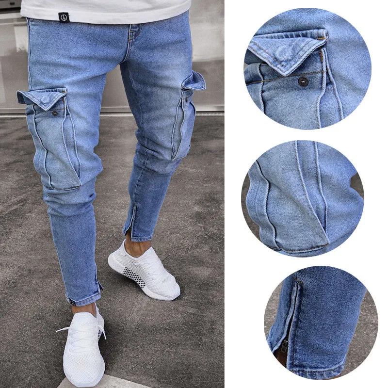 Mens Fashion Jeans Street Wear Multi Pocket Pancil Pants Straight Cut Denim Trousers with Pocket 