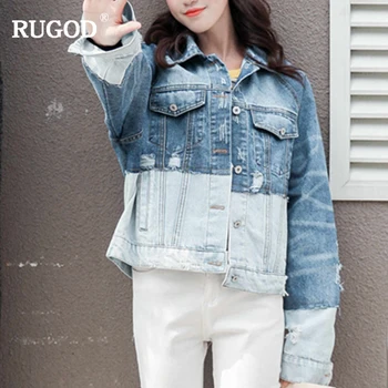 

RUGOD Vintage Contrast Color Denim Coat Women Wide Jean Jacket Long Sleeve Cowboy Jeans 2018 Autumn Streetwear Bomber Jackets