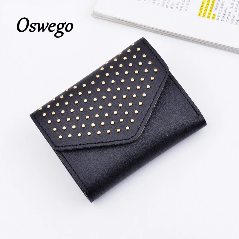 

OSWEGO Rivet Soild PU Leather Women Short Wallet Hasp Card Holders Womens Wallets and Purses Clutch Mini Wallets for Ladies