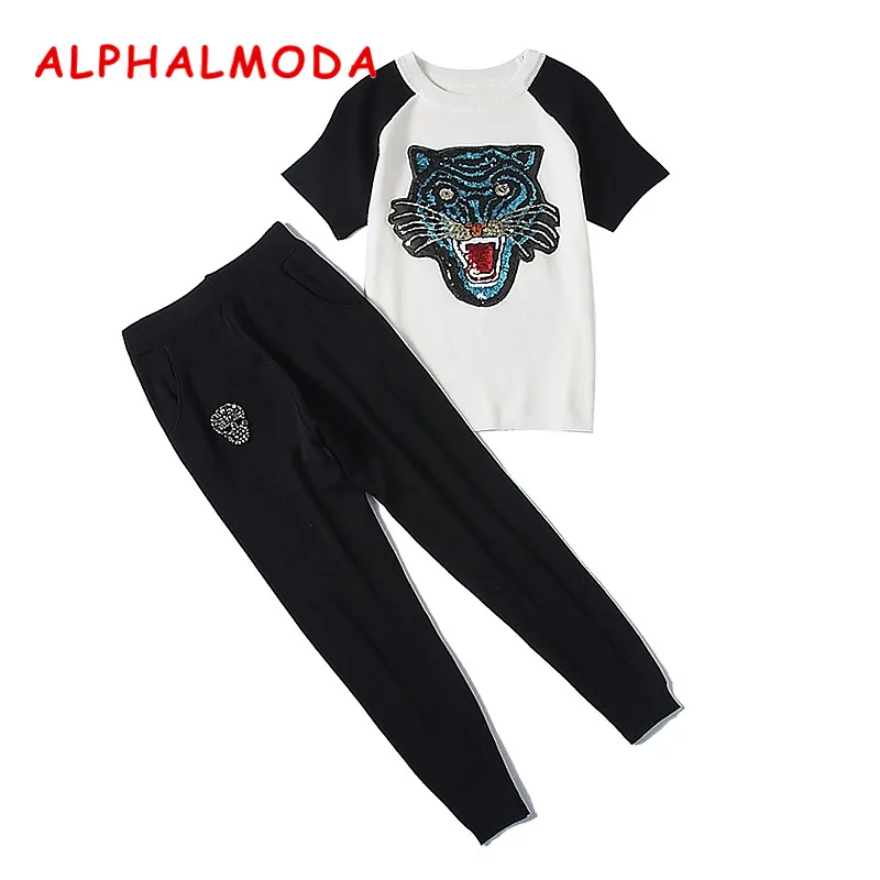 ALPHALMODA женский свитер с коротким рукавом расшитый блестками и принтом тигра +
