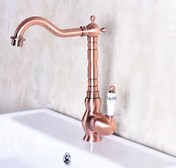 Antique Red Copper Brass Single Ceramic Handle Bathroom Kitchen Basin Sink Faucet Mixer Tap Swivel Spout Deck Mounted mnf136