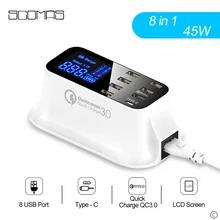 SCOMAS Quick Charge 3.0 Smart USB Type C Charger Station 45W 8 ports Fast Charging Phone Tablet USB Charger For iPhone Samsung 40 ports usb charger 300w 5v 60a smart charging station built in cooling fan fast charging for tablets laptop phone pad camera
