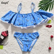 Детский комплект бикини с оборками, Детские купальники для девочек, купальный костюм, купальник с принтом, комплект из двух предметов, купальный костюм, пляжная одежда